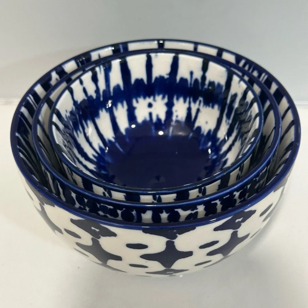 West Elm Set of 3 Indigo Blue Tie Dye Nesting Bow Cobalt Blue & WhiteBowl Dish